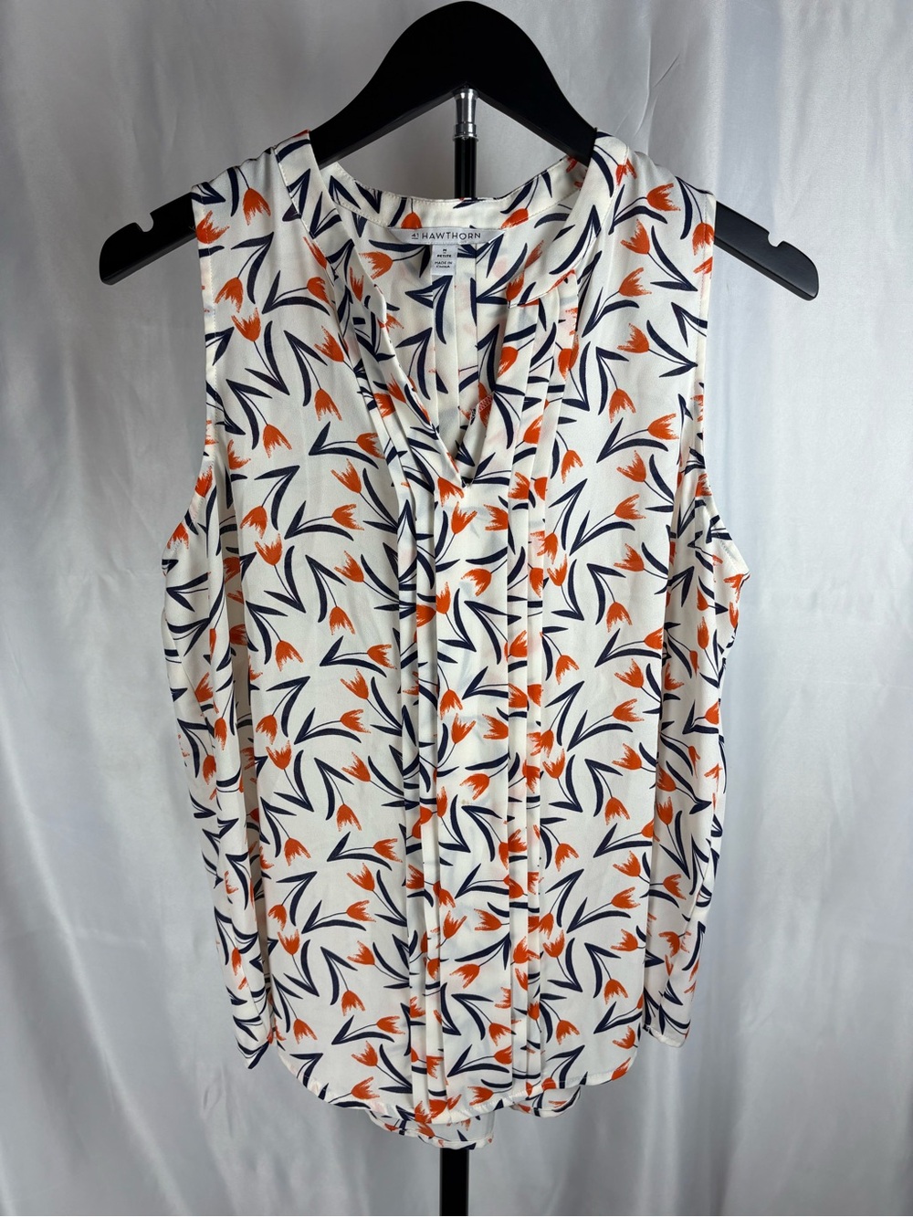 41 Hawthorn M Petite Sleeveless Floral Blouse Navy Orange Pleated Top
